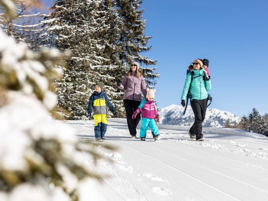 Erlebnisse im Zillertal • Der Grubacher: Biohotel in Gerlos Familie wandert auf geräumtem Winterweg durch verschneite Wälder in den Bergen