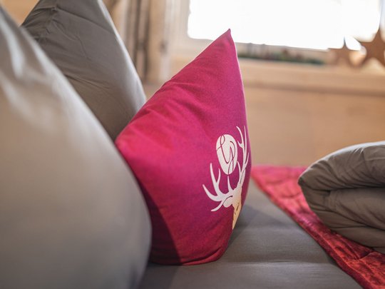 Grubi's Freizeitwohnsitz • Der Grubacher Pinker Kissen auf einem Doppelbett mit grauem Bettbezug