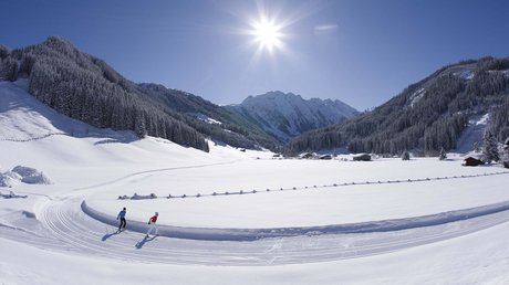 Pictures & Impressions • Der Grubacher: Hotel in Gerlos Two cross-country skiers glide through a snowy winter landscape in the sunshine.