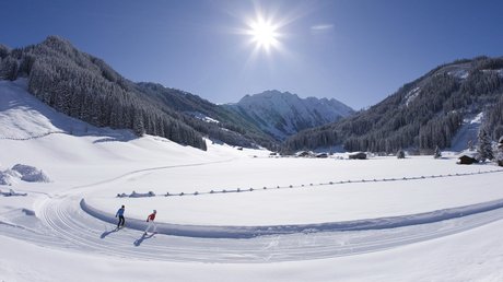 Pictures & Impressions • Der Grubacher: Hotel in Gerlos Two cross-country skiers glide through a snowy winter landscape in sunshine.