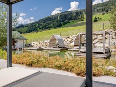 Our history • Der Grubacher: Eco Hotel in Gerlos Swimming pond in the garden with lounging areas and view of the pasture